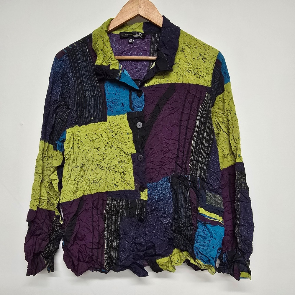 LIV by Habitat Clothes Crinkle Patchwork Shirt Womens M Geometric Lagenlook Art